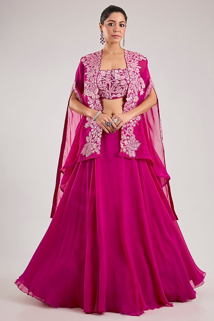 Fuchsia Organza Floral Pleated Cape Set by Mishru at Pernia's Pop Up Shop