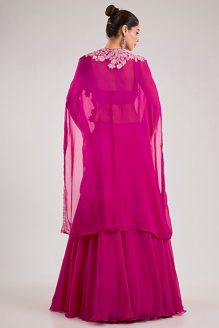 Fuchsia Organza Floral Pleated Cape Set by Mishru at Pernia's Pop Up Shop