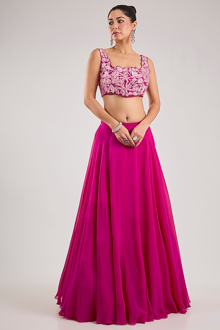 Fuchsia Organza Floral Pleated Cape Set by Mishru at Pernia's Pop Up Shop