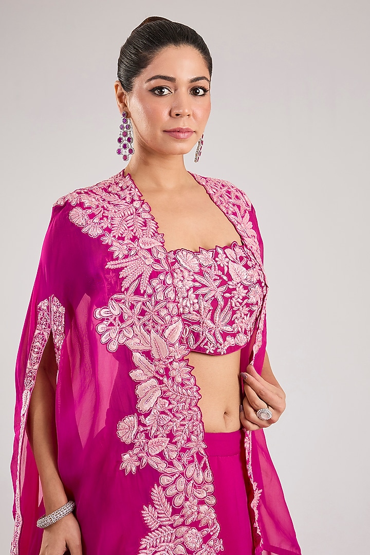 Fuchsia Organza Floral Pleated Cape Set by Mishru at Pernia's Pop Up Shop