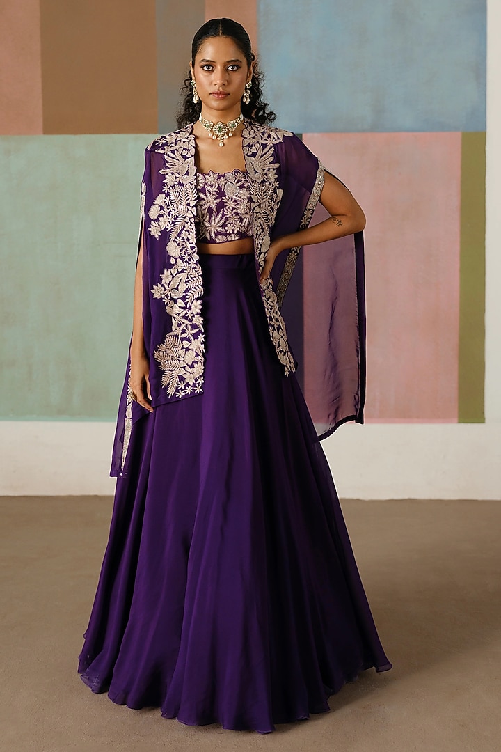 Purple Organza Floral Embroidered Pleated Cape Set by Mishru at Pernia's Pop Up Shop