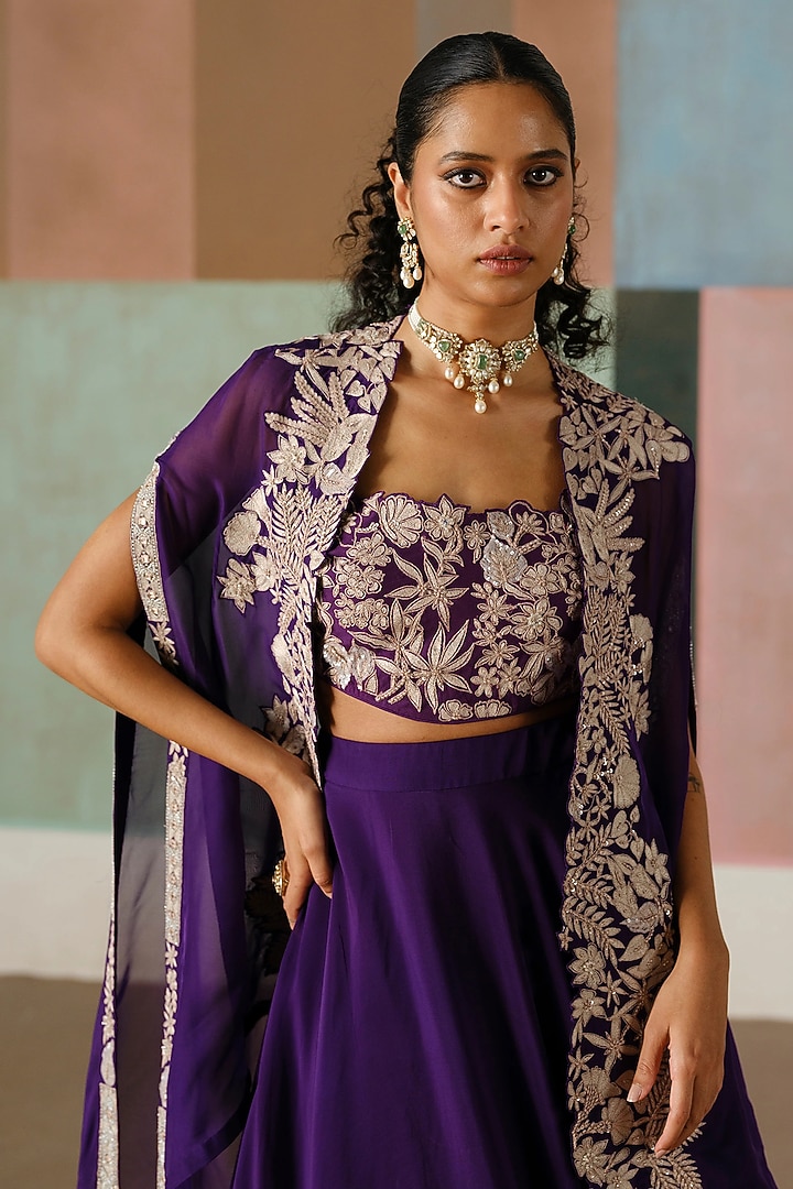 Purple Organza Floral Embroidered Pleated Cape Set by Mishru at Pernia's Pop Up Shop