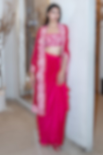 Fuchsia Organza & Silk Triangle Cape Set by Mishru at Pernia's Pop Up Shop