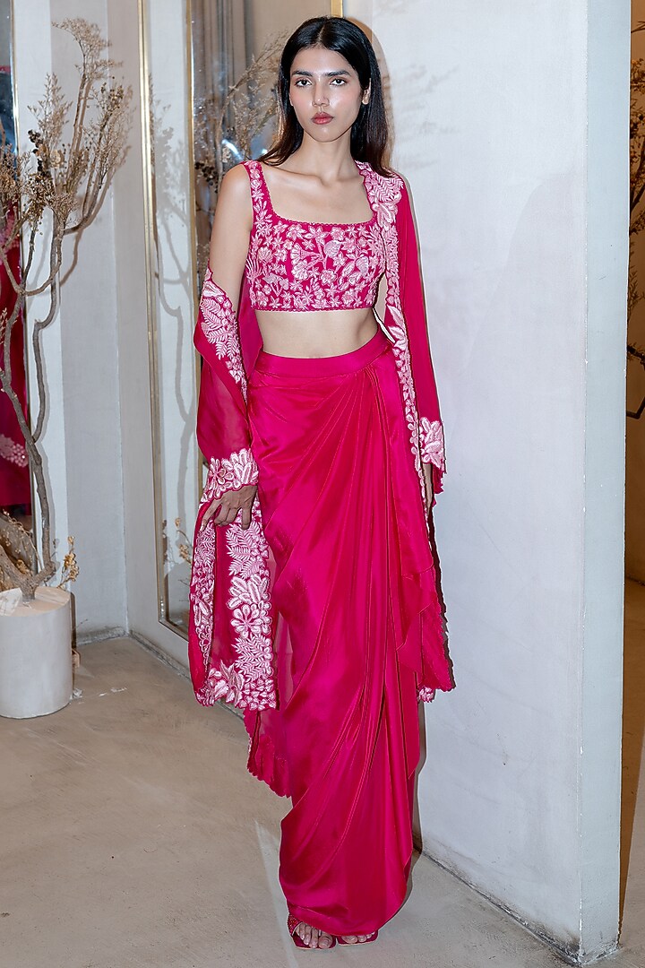 Fuchsia Organza & Silk Triangle Cape Set by Mishru at Pernia's Pop Up Shop