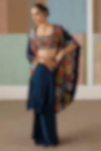 Navy Blue Organza Embroidered Cape Set by Mishru at Pernia's Pop Up Shop