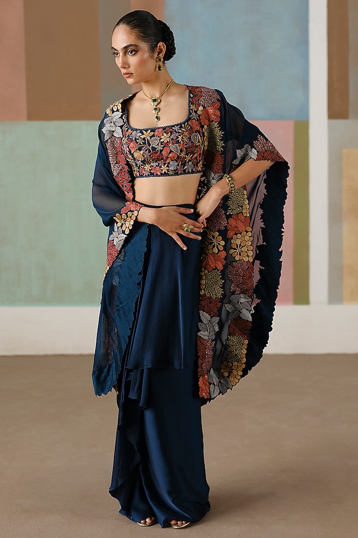 Navy Blue Organza Embroidered Cape Set by Mishru at Pernia's Pop Up Shop