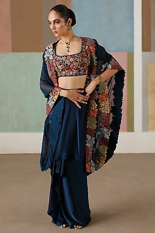 Navy Blue Organza Embroidered Cape Set by Mishru