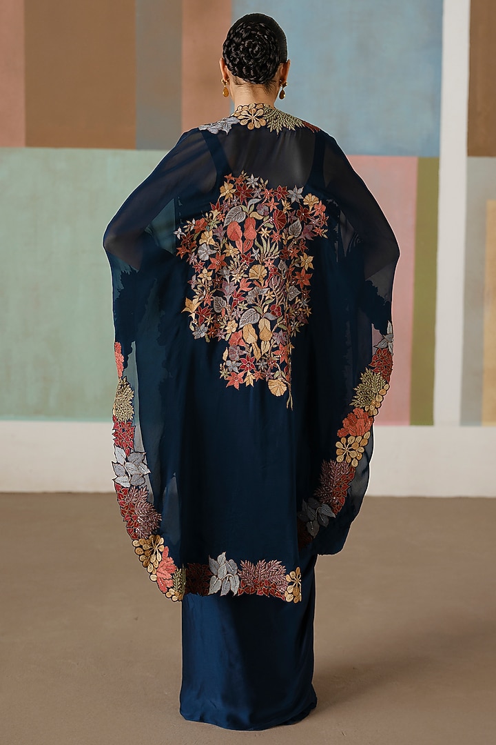 Navy Blue Organza Embroidered Cape Set by Mishru at Pernia's Pop Up Shop