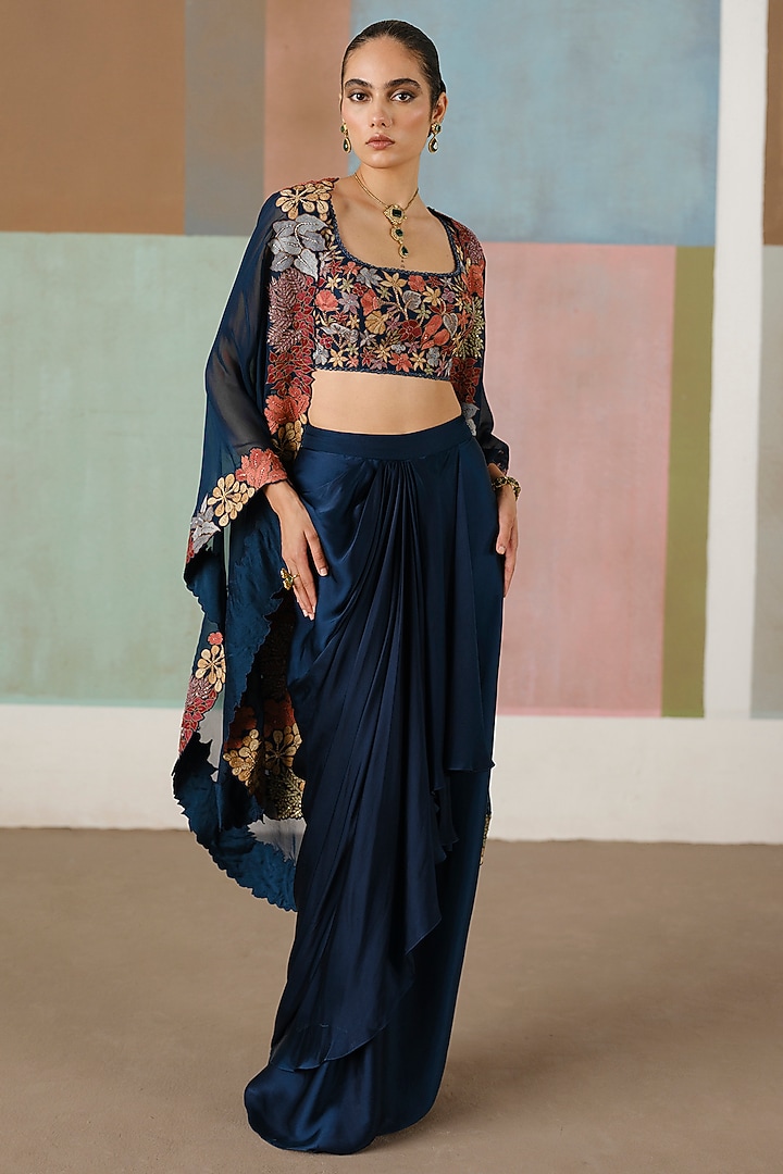 Navy Blue Organza Embroidered Cape Set by Mishru at Pernia's Pop Up Shop