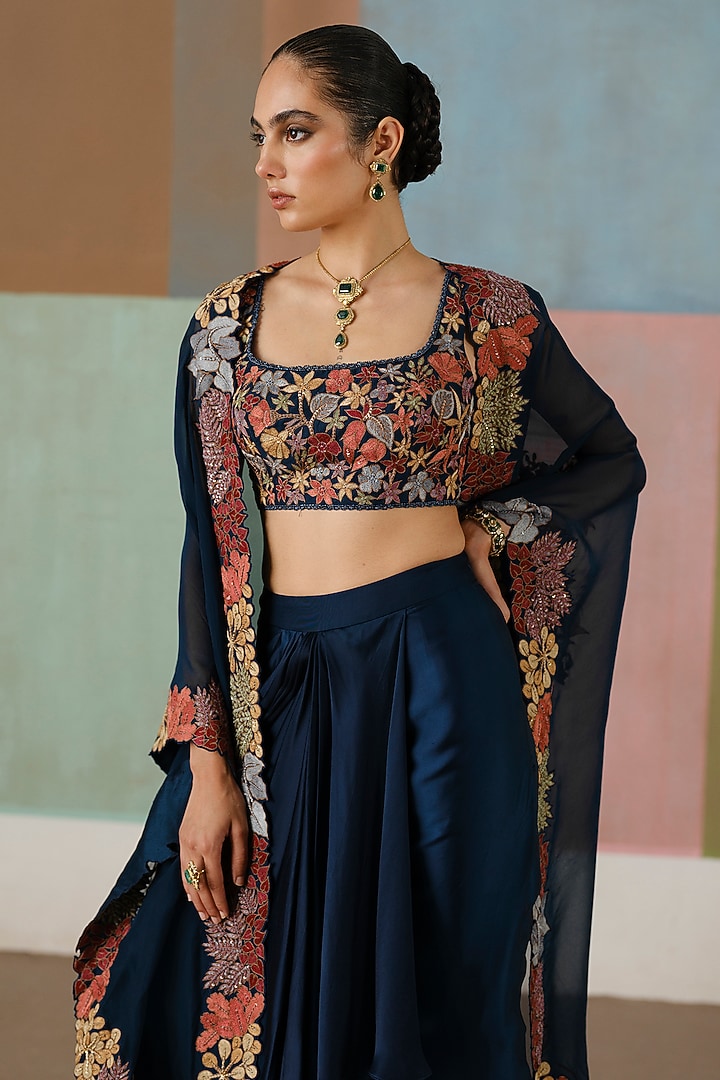 Navy Blue Organza Embroidered Cape Set by Mishru at Pernia's Pop Up Shop