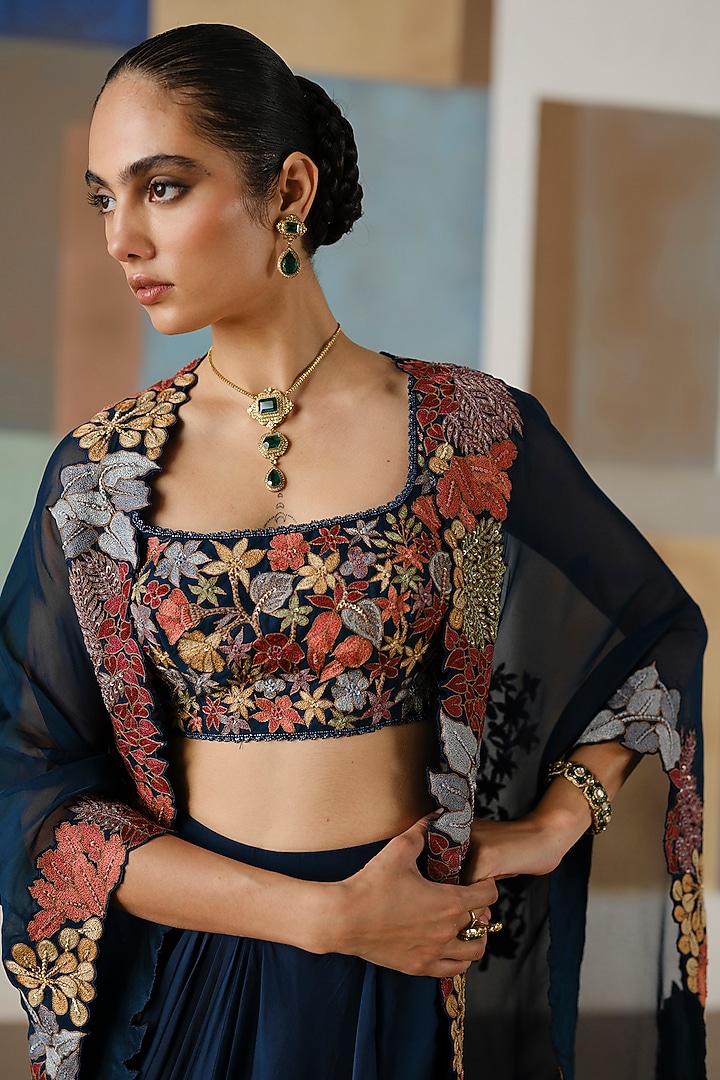 Navy Blue Organza Embroidered Cape Set by Mishru at Pernia's Pop Up Shop