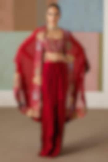 Red Organza Embroidered Cape Set by Mishru at Pernia's Pop Up Shop