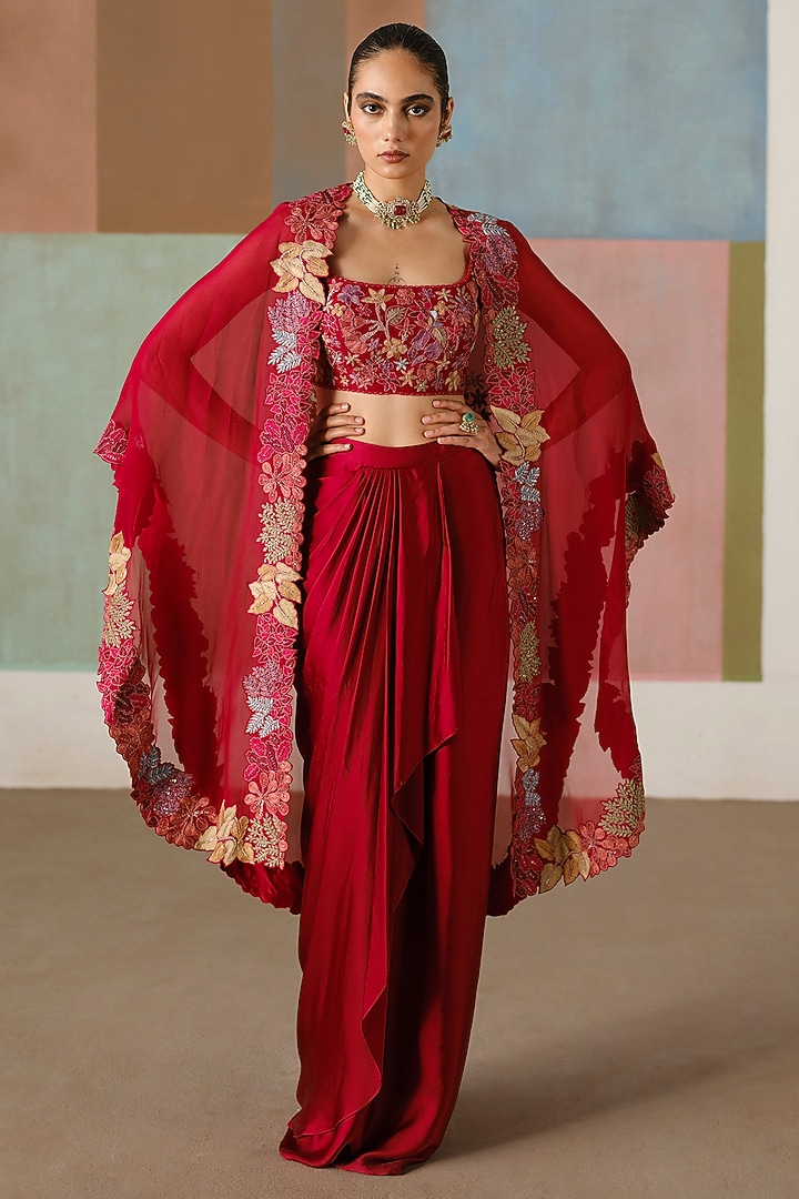 Red Organza Embroidered Cape Set by Mishru at Pernia's Pop Up Shop