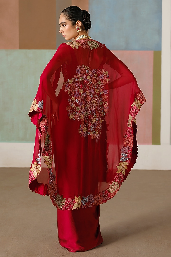 Red Organza Embroidered Cape Set by Mishru at Pernia's Pop Up Shop