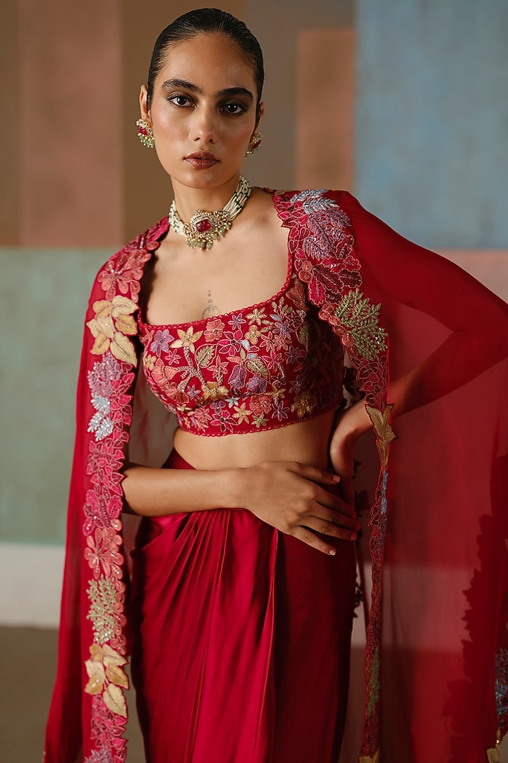 Red Organza Embroidered Cape Set by Mishru at Pernia's Pop Up Shop