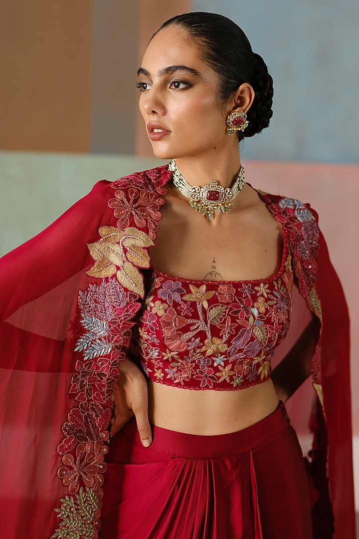 Red Organza Embroidered Cape Set by Mishru at Pernia's Pop Up Shop