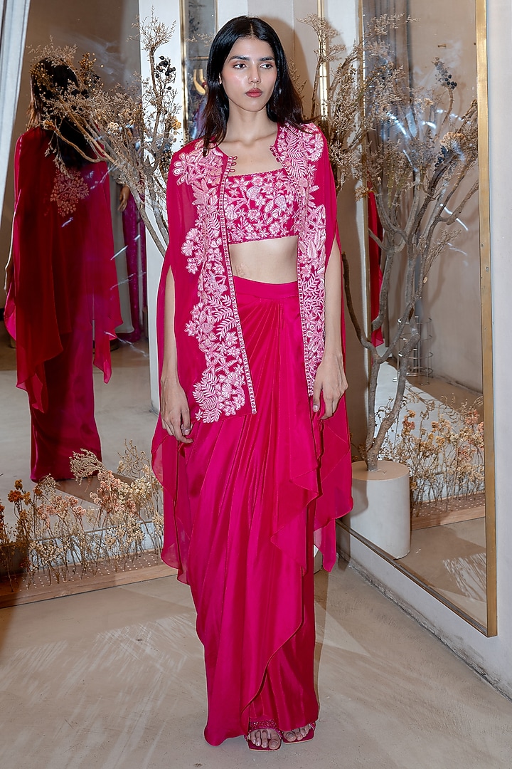 Fuchsia Organza & Silk Posy Cape Set by Mishru at Pernia's Pop Up Shop