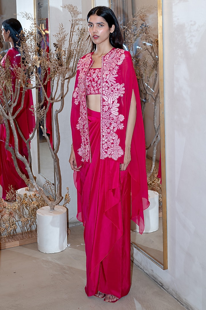 Fuchsia Organza & Silk Posy Cape Set by Mishru at Pernia's Pop Up Shop
