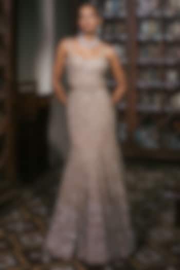 Gold Tulle Floral Embroidered Bridal Gown by Mishru at Pernia's Pop Up Shop