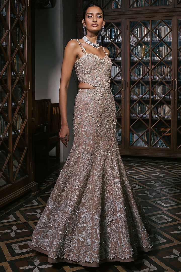 Gold Tulle Floral Embroidered Bridal Gown by Mishru at Pernia's Pop Up Shop