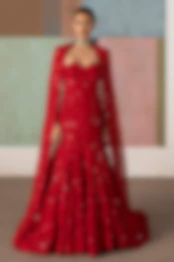 Red Tulle Embroidered Cape Bridal Gown by Mishru at Pernia's Pop Up Shop