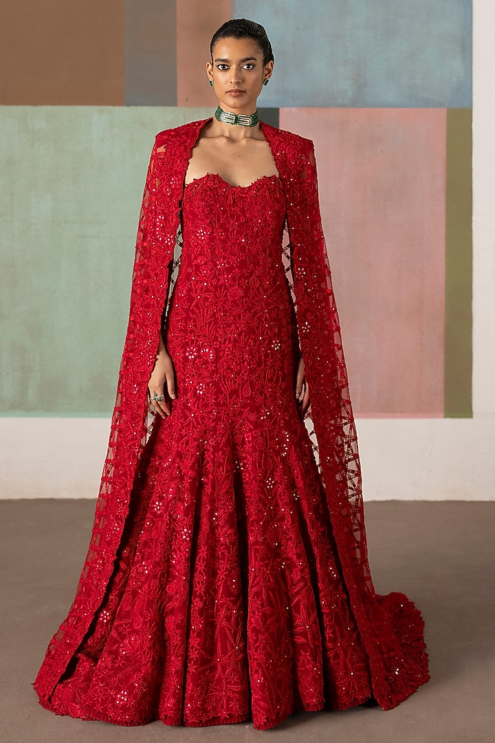 Red Tulle Embroidered Cape Bridal Gown by Mishru at Pernia's Pop Up Shop