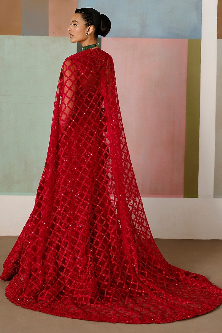 Red Tulle Embroidered Cape Bridal Gown by Mishru at Pernia's Pop Up Shop