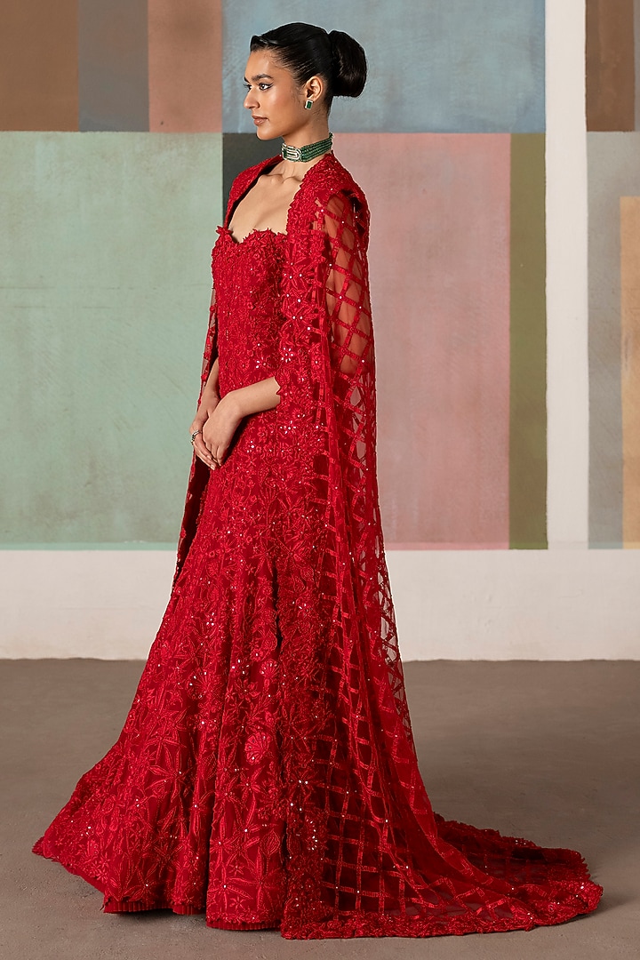 Red Tulle Embroidered Cape Bridal Gown by Mishru at Pernia's Pop Up Shop