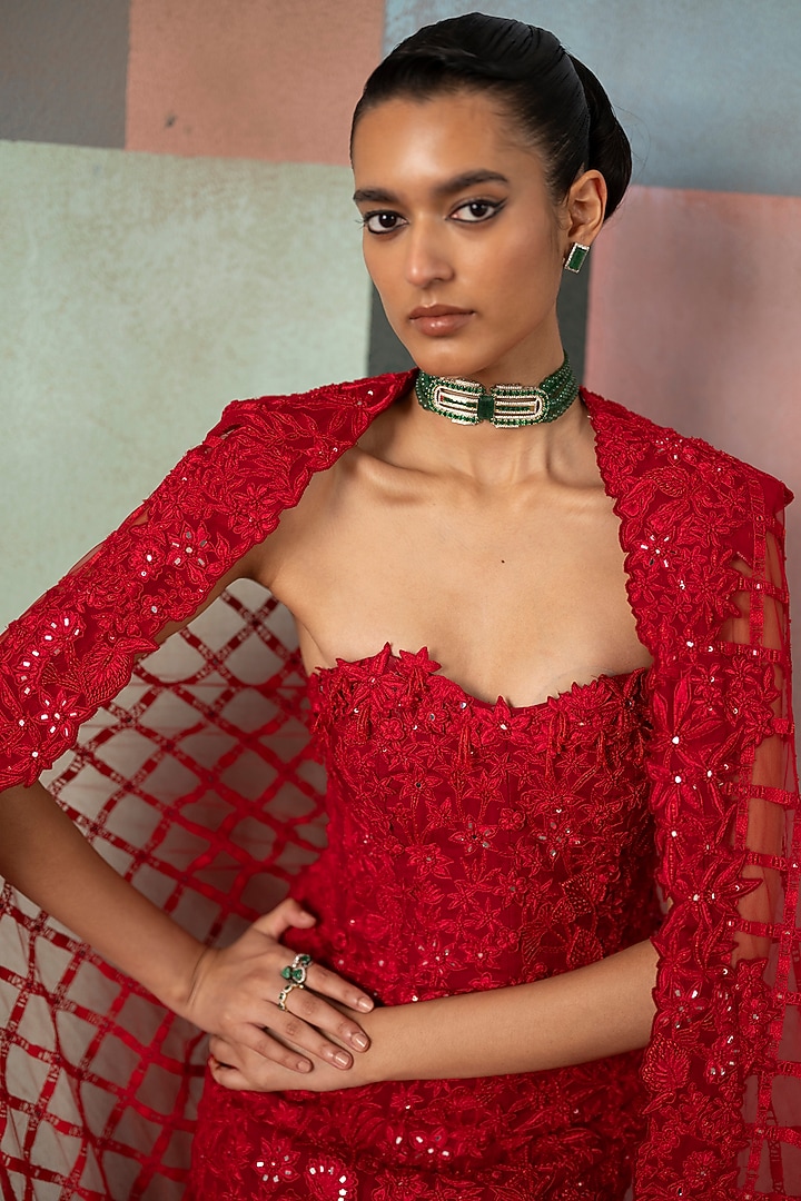 Red Tulle Embroidered Cape Bridal Gown by Mishru at Pernia's Pop Up Shop