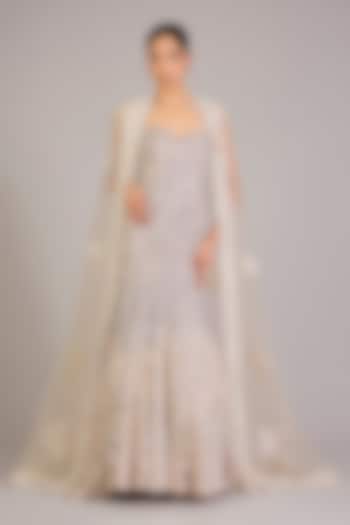 Nude Soft Tulle Floral Embroidered Bridal Gown With Cape by Mishru at Pernia's Pop Up Shop