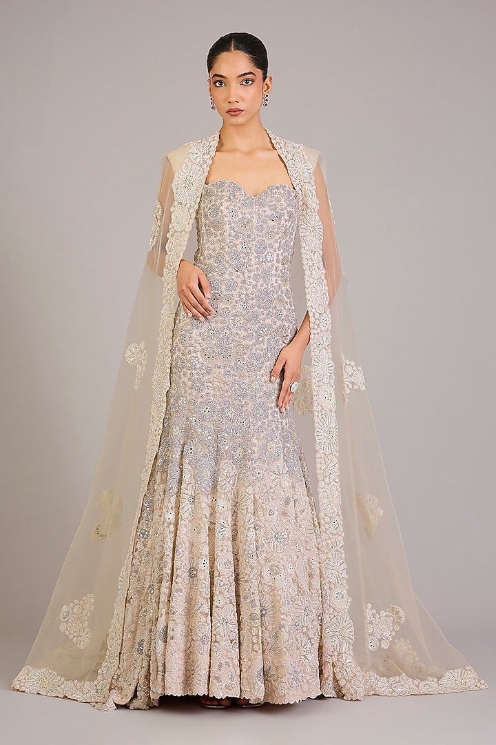 Nude Soft Tulle Floral Embroidered Bridal Gown With Cape by Mishru at Pernia's Pop Up Shop