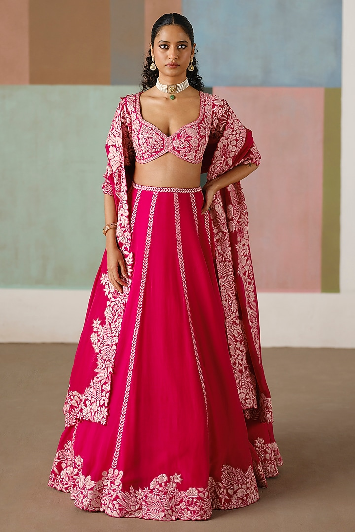 Fuchsia Organza Embroidered Bridal Lehenga Set by Mishru at Pernia's Pop Up Shop