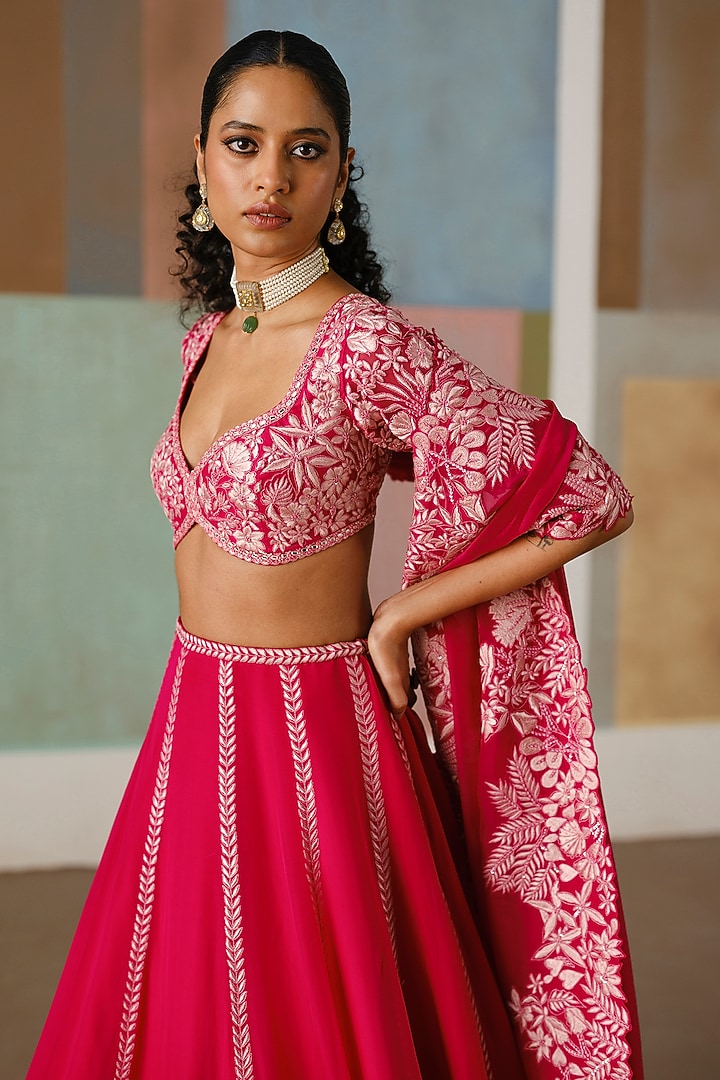 Fuchsia Organza Embroidered Bridal Lehenga Set by Mishru at Pernia's Pop Up Shop