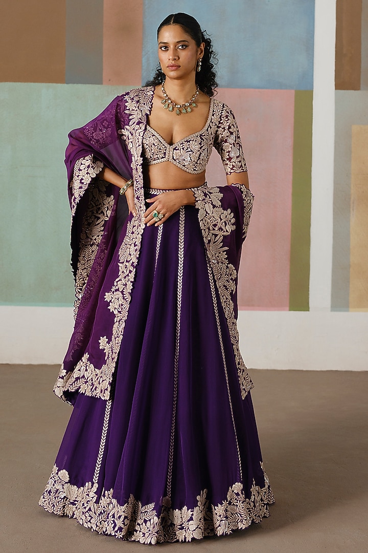 Purple Organza Embroidered Bridal Lehenga Set by Mishru at Pernia's Pop Up Shop