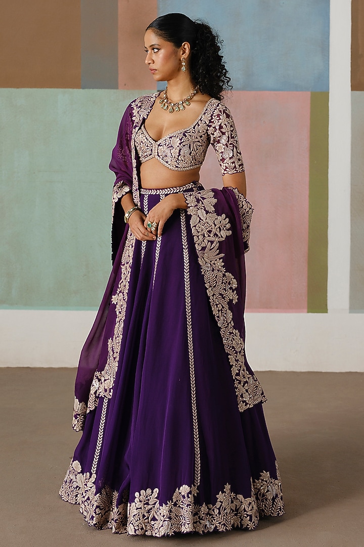 Purple Organza Embroidered Bridal Lehenga Set by Mishru at Pernia's Pop Up Shop