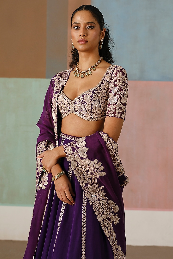 Purple Organza Embroidered Bridal Lehenga Set by Mishru at Pernia's Pop Up Shop