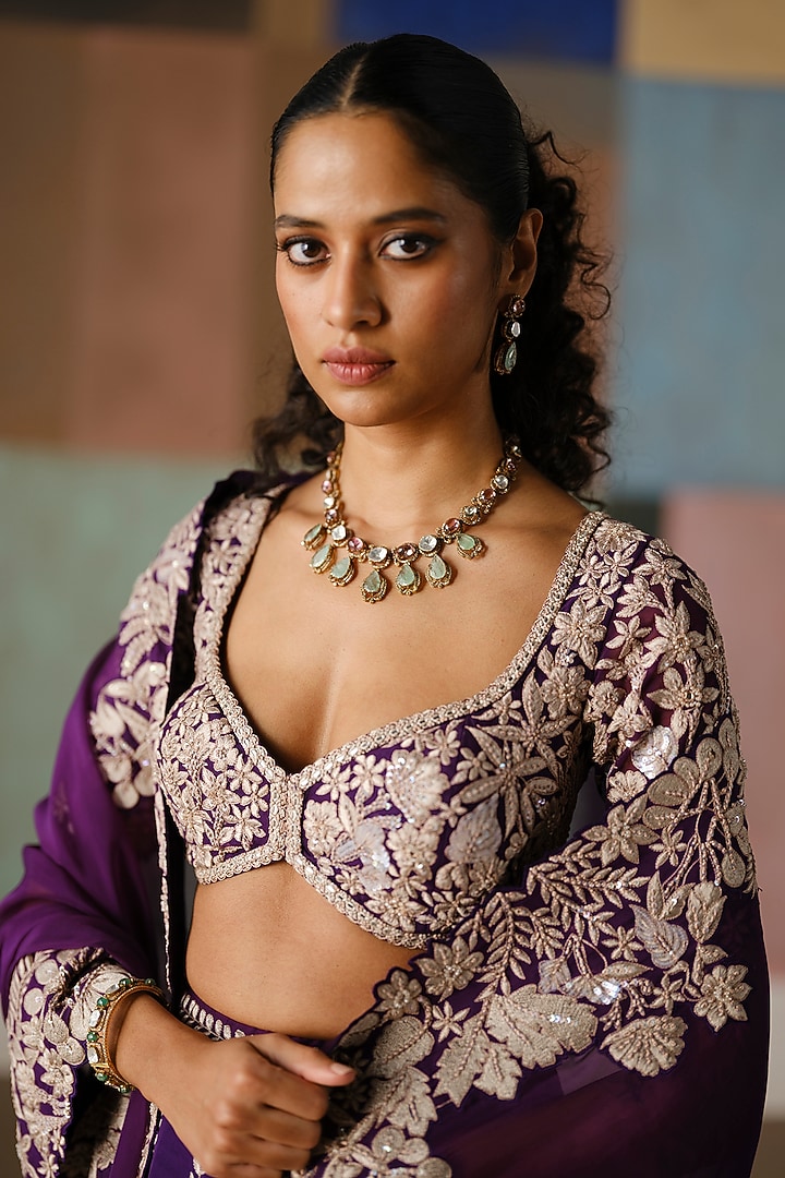Purple Organza Embroidered Bridal Lehenga Set by Mishru at Pernia's Pop Up Shop