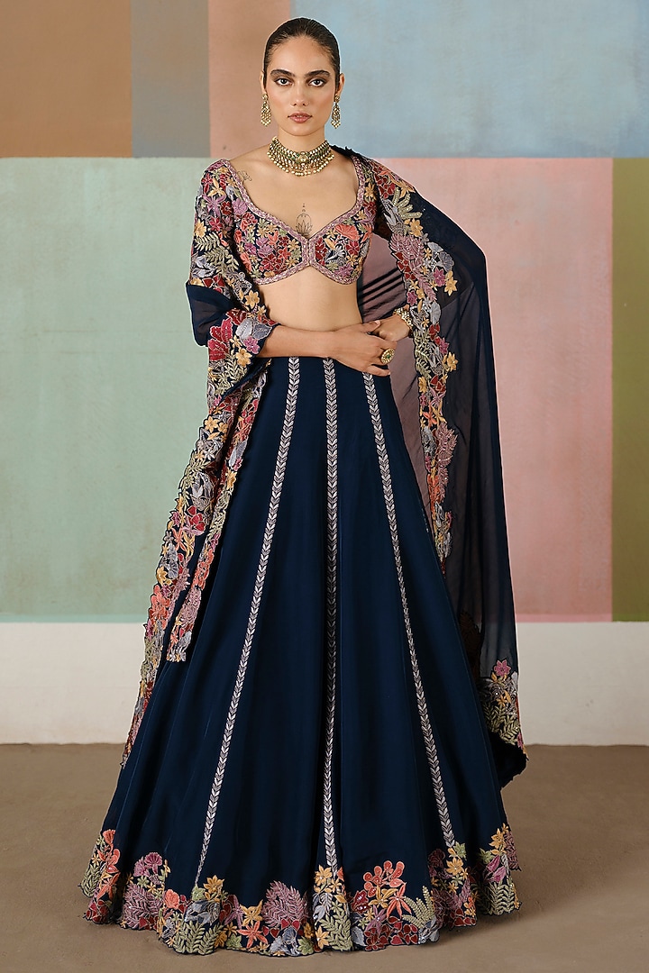Navy Blue Organza Embroidered Bridal Lehenga Set by Mishru at Pernia's Pop Up Shop