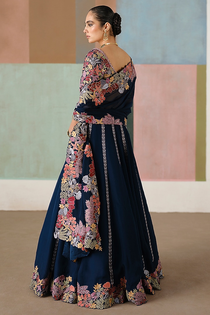 Navy Blue Organza Embroidered Bridal Lehenga Set by Mishru at Pernia's Pop Up Shop