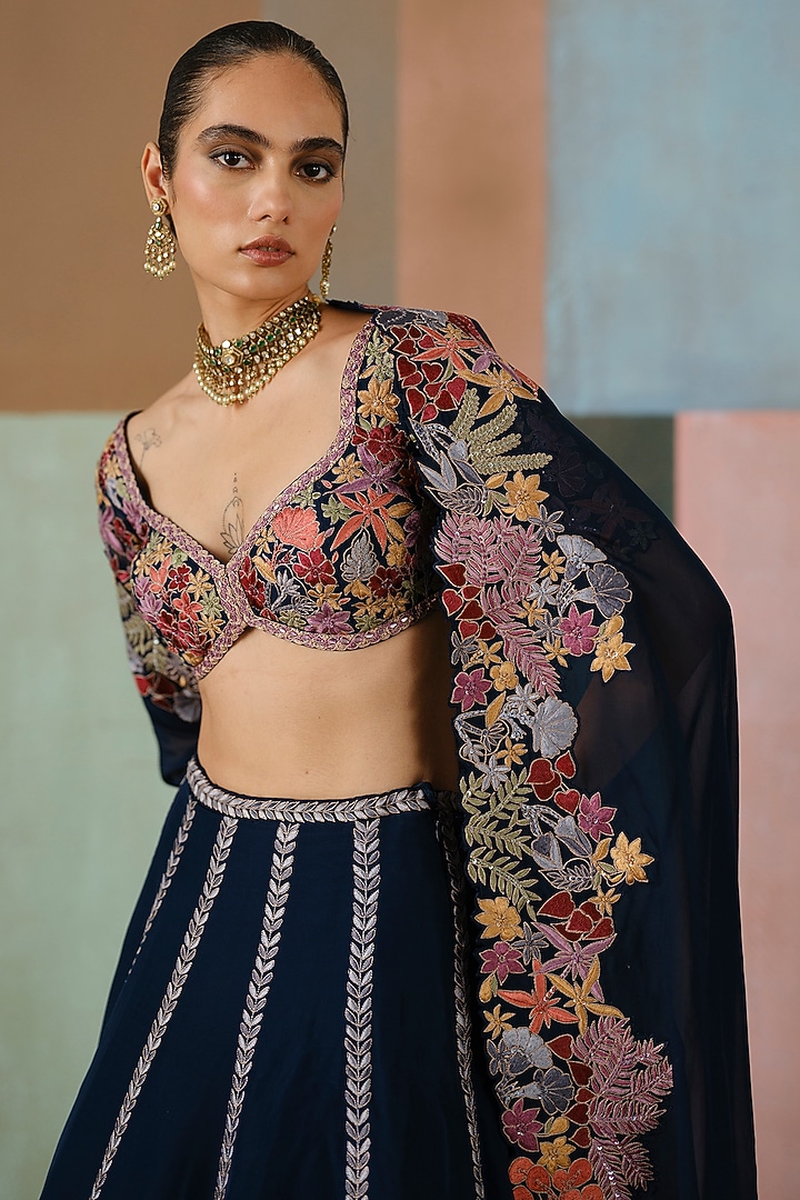 Navy Blue Organza Embroidered Bridal Lehenga Set by Mishru at Pernia's Pop Up Shop