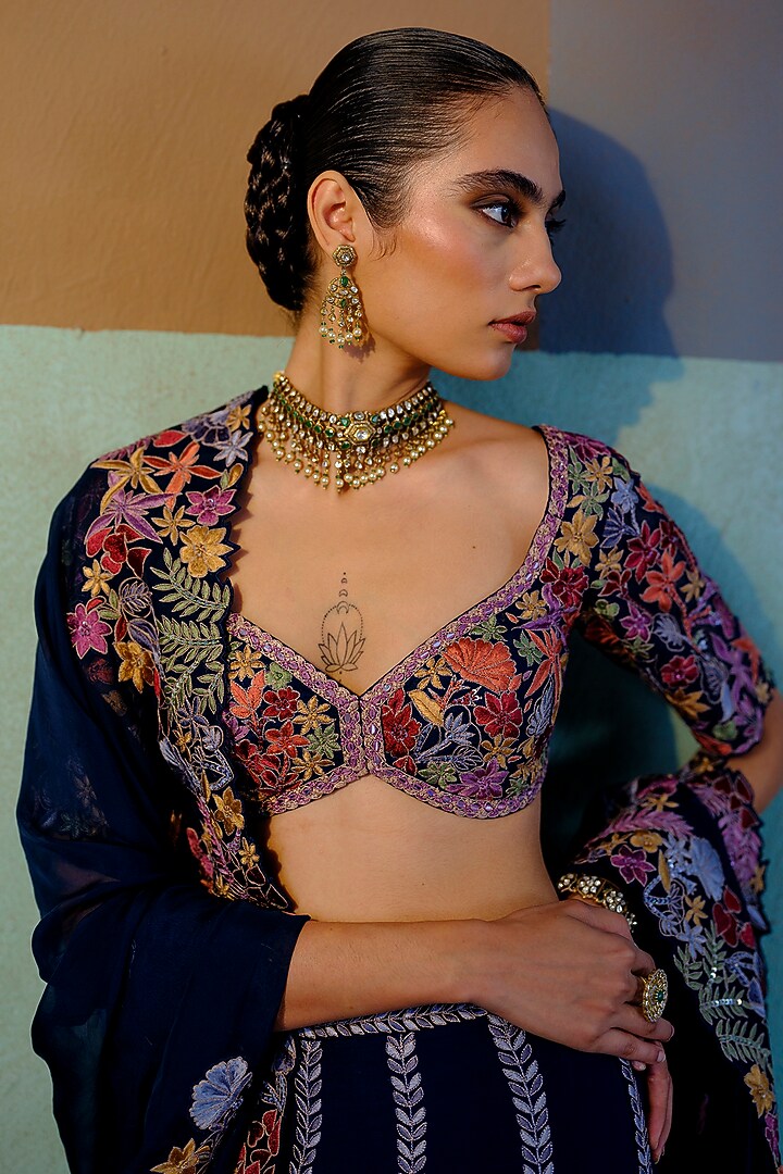 Navy Blue Organza Embroidered Bridal Lehenga Set by Mishru at Pernia's Pop Up Shop