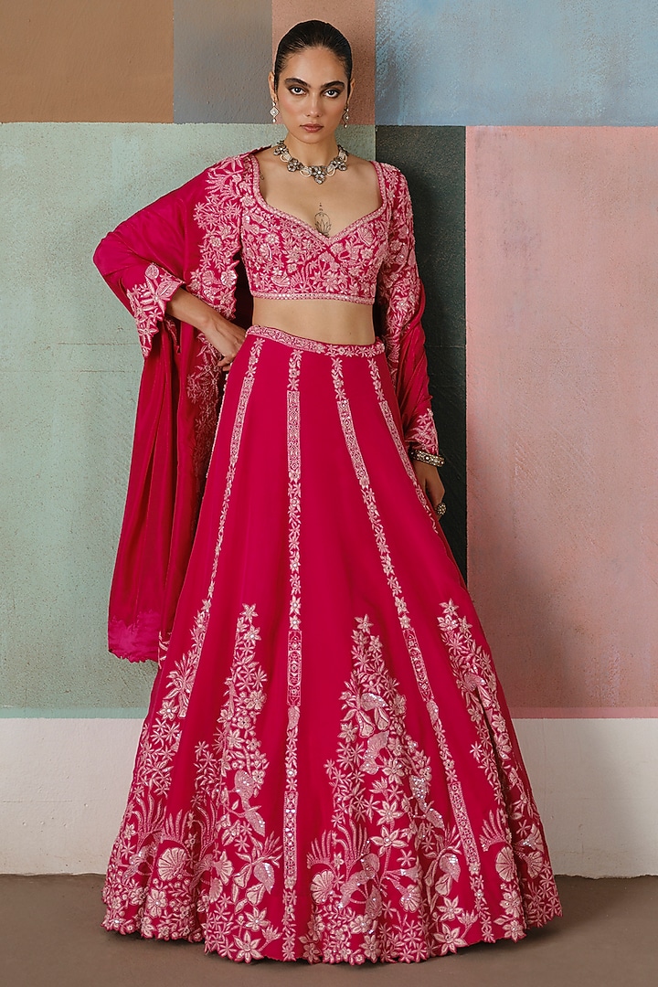 Fuchsia Organza Embroidered Bridal lehenga for 22 Lehenga Set by Mishru at Pernia's Pop Up Shop