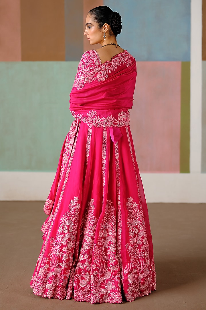 Fuchsia Organza Embroidered Bridal Lehenga Set by Mishru at Pernia's Pop Up Shop