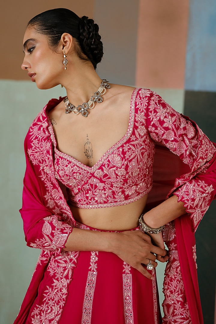 Fuchsia Organza Embroidered Bridal Lehenga Set by Mishru at Pernia's Pop Up Shop
