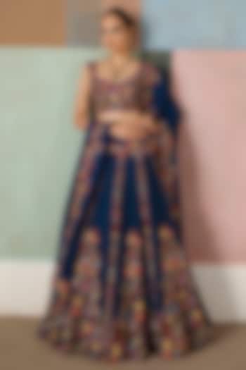 Navy Blue Organza Embroidered Bridal Lehenga Set by Mishru at Pernia's Pop Up Shop