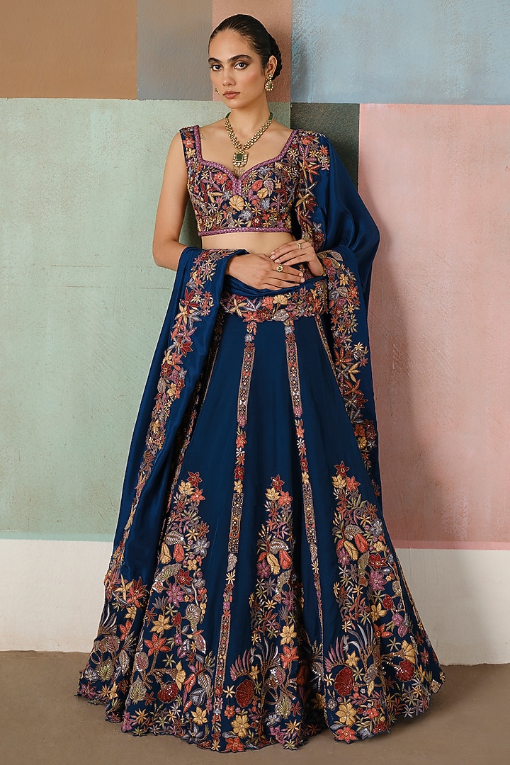 Navy Blue Organza Embroidered Bridal Lehenga Set by Mishru at Pernia's Pop Up Shop