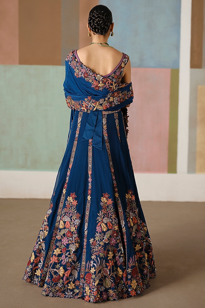 Navy Blue Organza Embroidered Bridal Lehenga Set by Mishru at Pernia's Pop Up Shop
