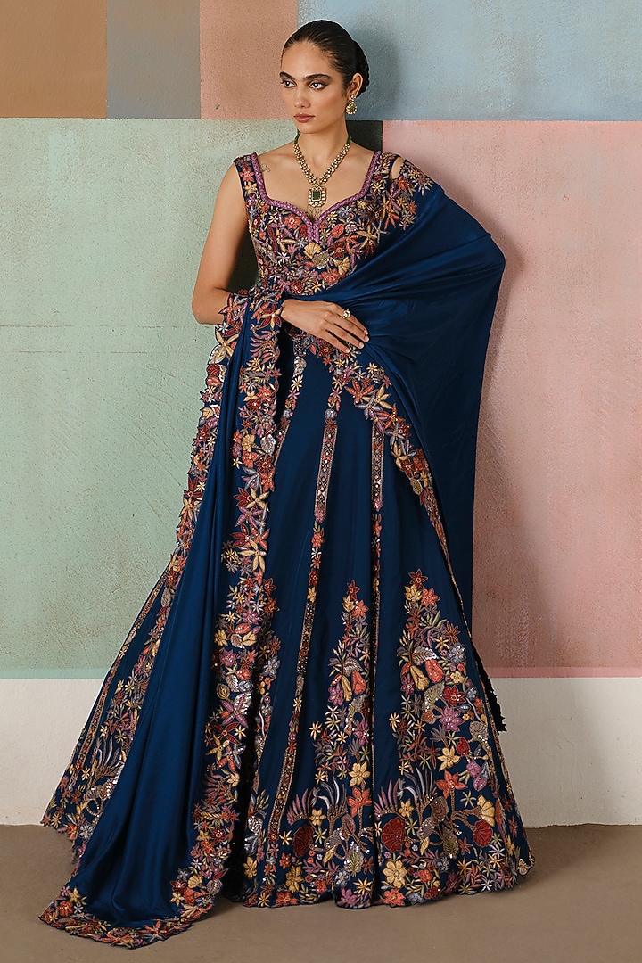 Navy Blue Organza Embroidered Bridal Lehenga Set by Mishru at Pernia's Pop Up Shop