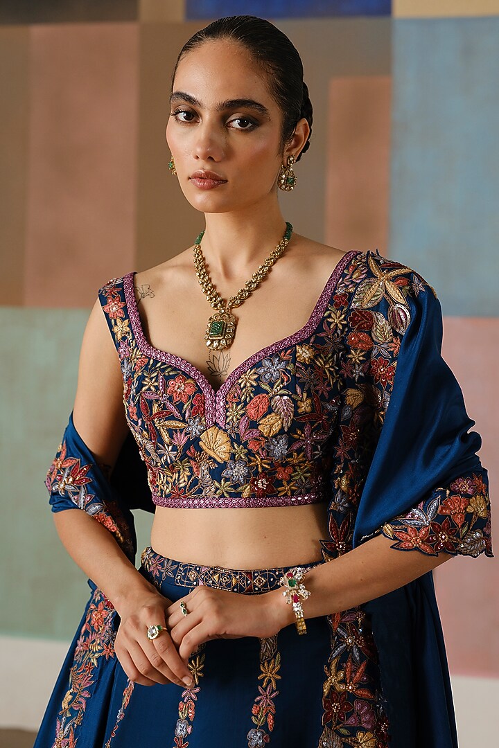 Navy Blue Organza Embroidered Bridal Lehenga Set by Mishru at Pernia's Pop Up Shop