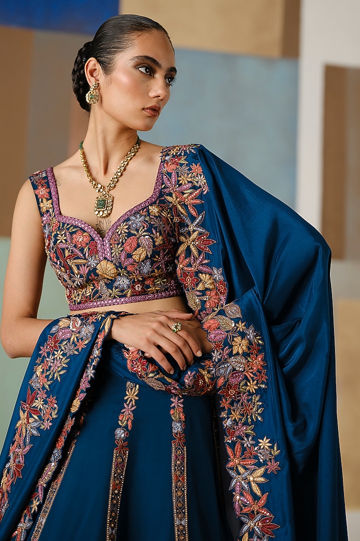 Navy Blue Organza Embroidered Bridal Lehenga Set by Mishru at Pernia's Pop Up Shop